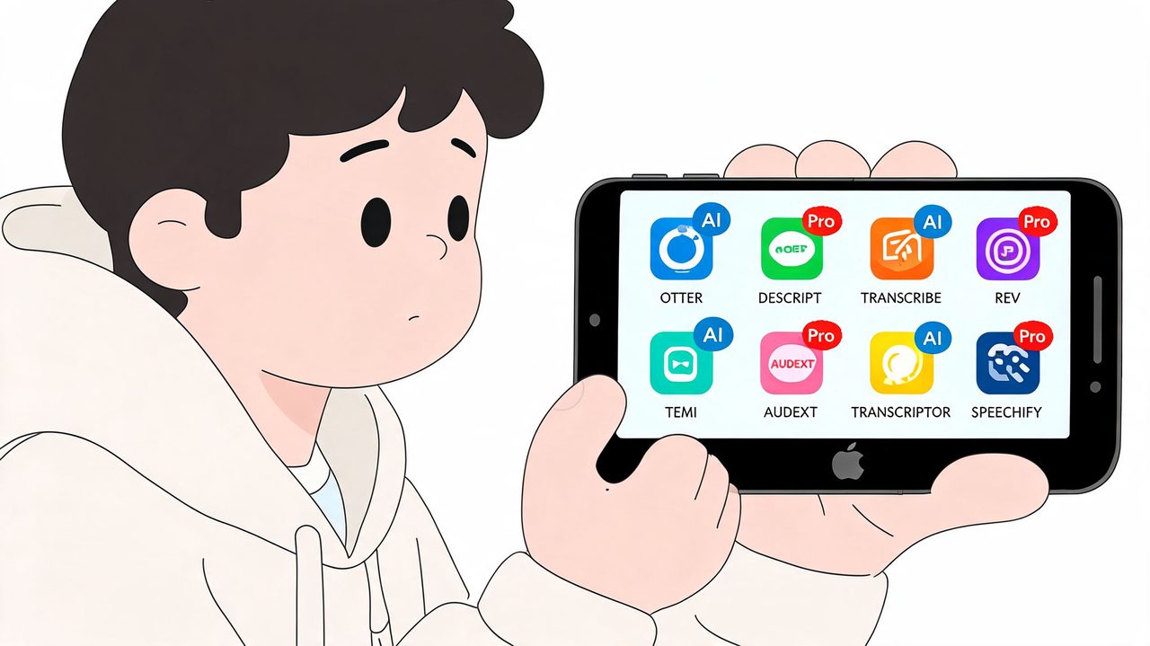 A cartoon illustration of a person holding a smartphone showing various AI transcription app icons.