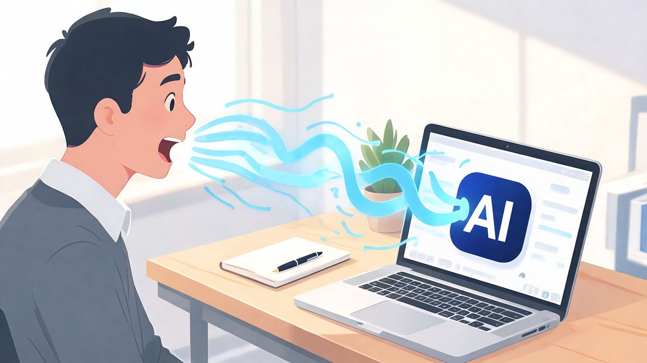 A young man speaking to a laptop screen showing an AI icon, representing voice dictation technology.