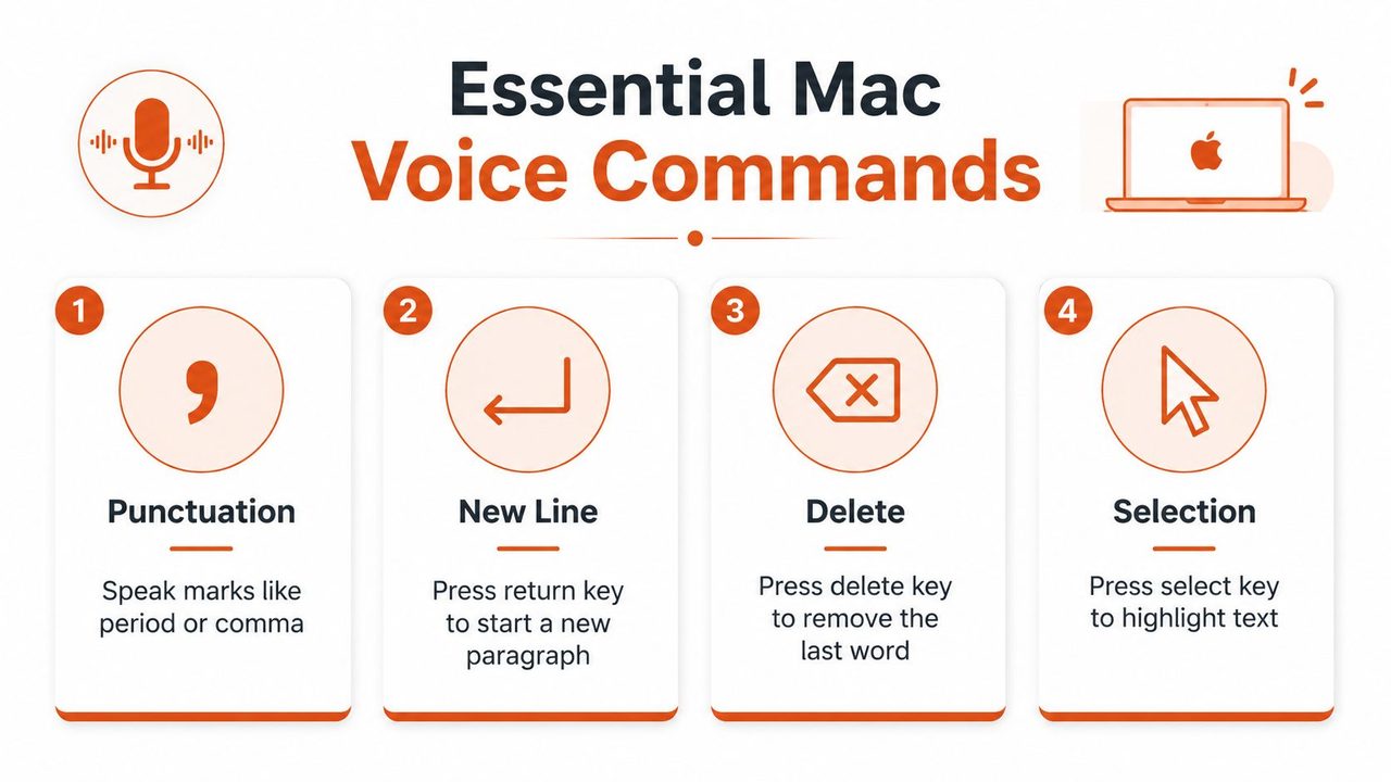 An infographic showing four essential Mac voice commands for punctuation, new lines, deleting, and text selection.