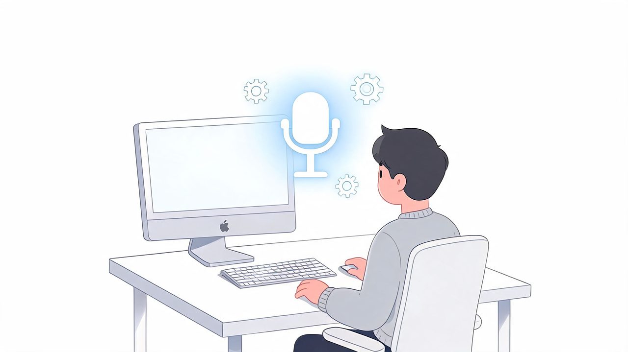 An illustration of a person sitting at a desk with an Apple computer using voice dictation software.