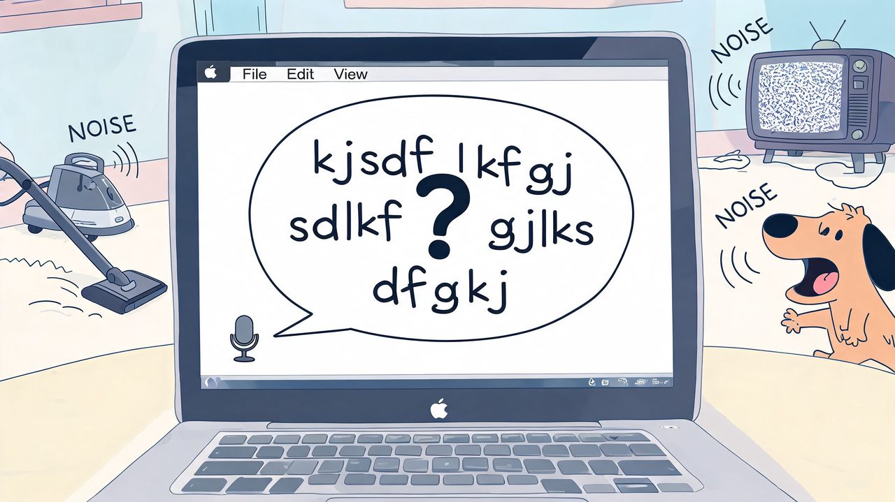 A laptop screen displaying gibberish text in a speech bubble, surrounded by sources of noise like a vacuum and barking dog.