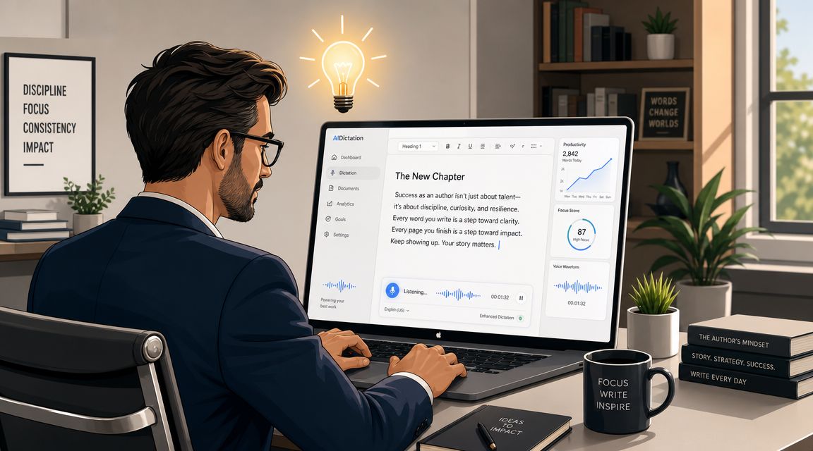 A professional man using dictation software on a laptop in a cozy, organized home office workspace.