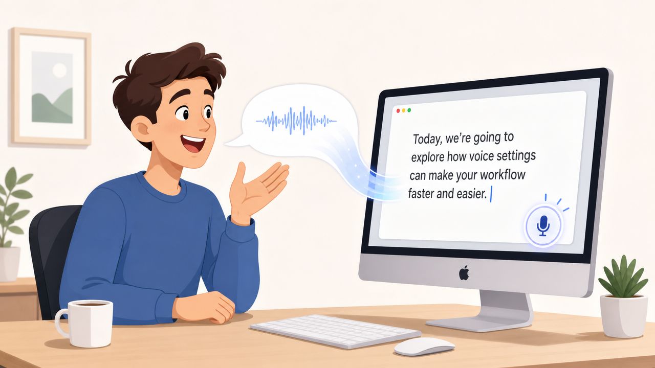 A young man dictating text to a Mac computer using speech-to-text software in a bright home office.