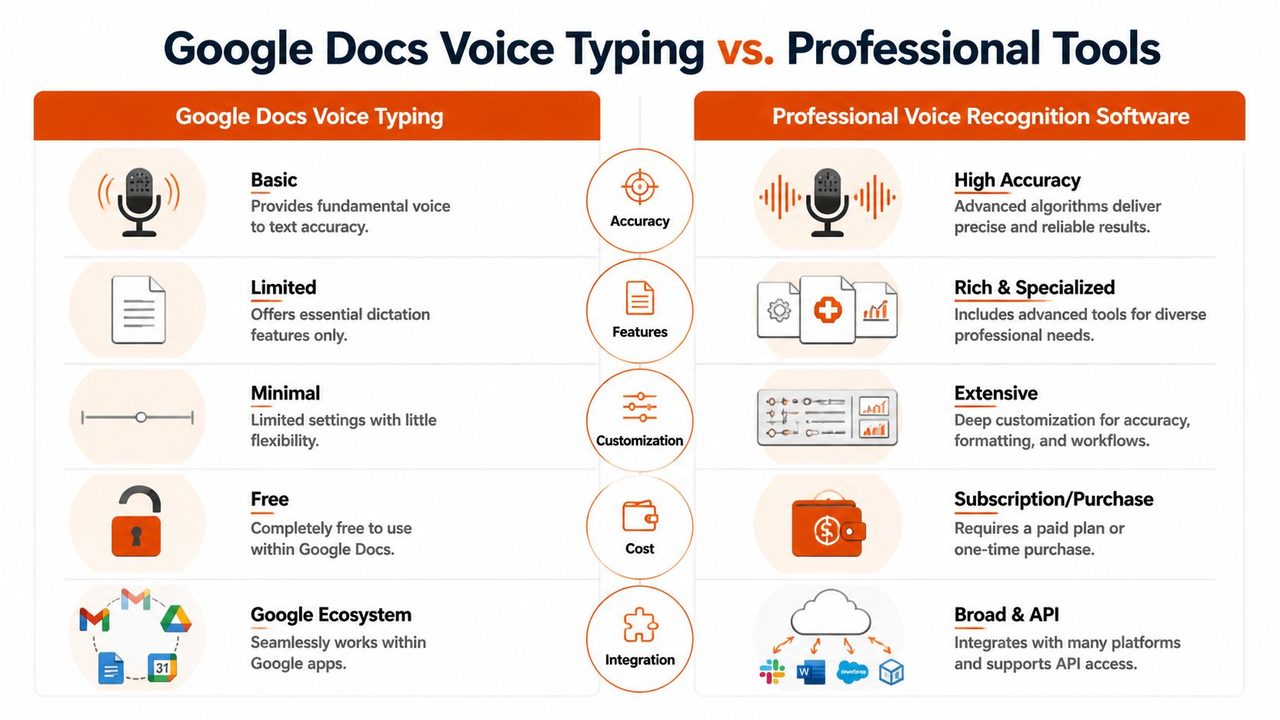 A comparison chart showing the differences between Google Docs Voice Typing and professional voice recognition software features.