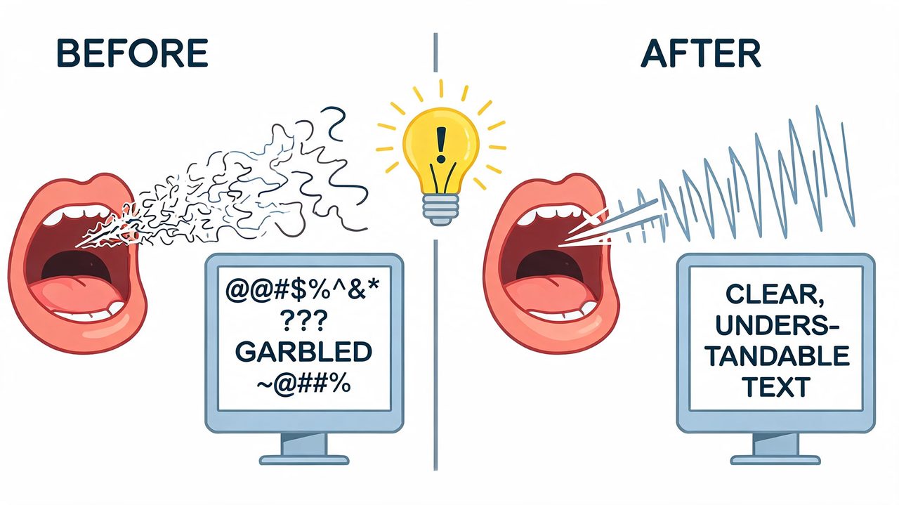 A diagram comparing garbled, unintelligible speech to clear, accurate text transcription after processing.