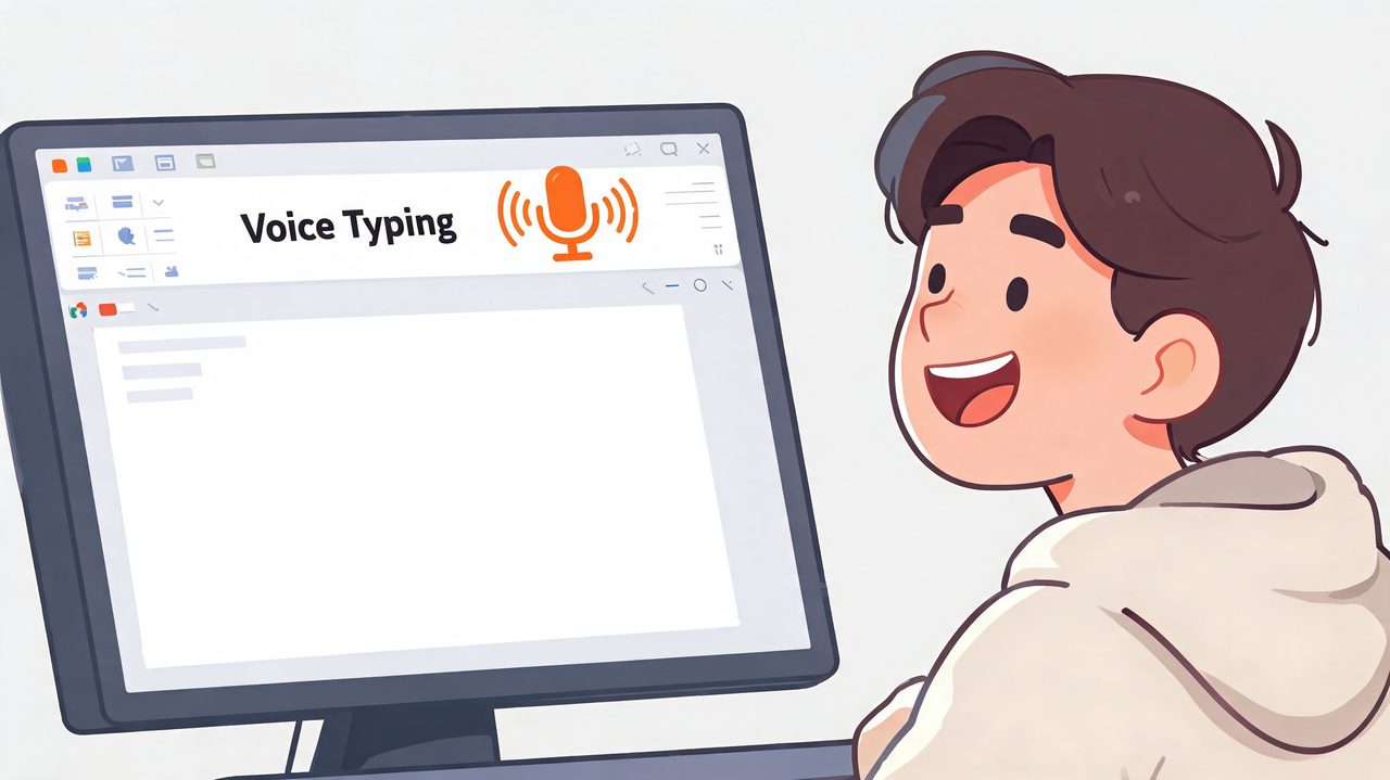 A young man happily using voice recognition software to type text on his computer screen.
