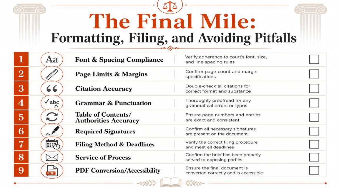 A checklist for legal brief preparation outlining nine essential formatting, filing, and accuracy requirements for court documents.