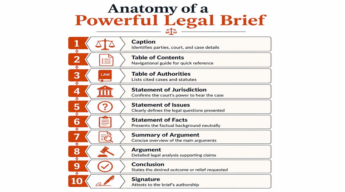 An infographic titled Anatomy of a Powerful Legal Brief listing ten essential components of a legal document.