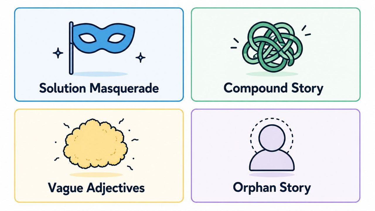 A four-part infographic illustrating common user story anti-patterns: Solution Masquerade, Compound Story, Vague Adjectives, and Orphan Story.