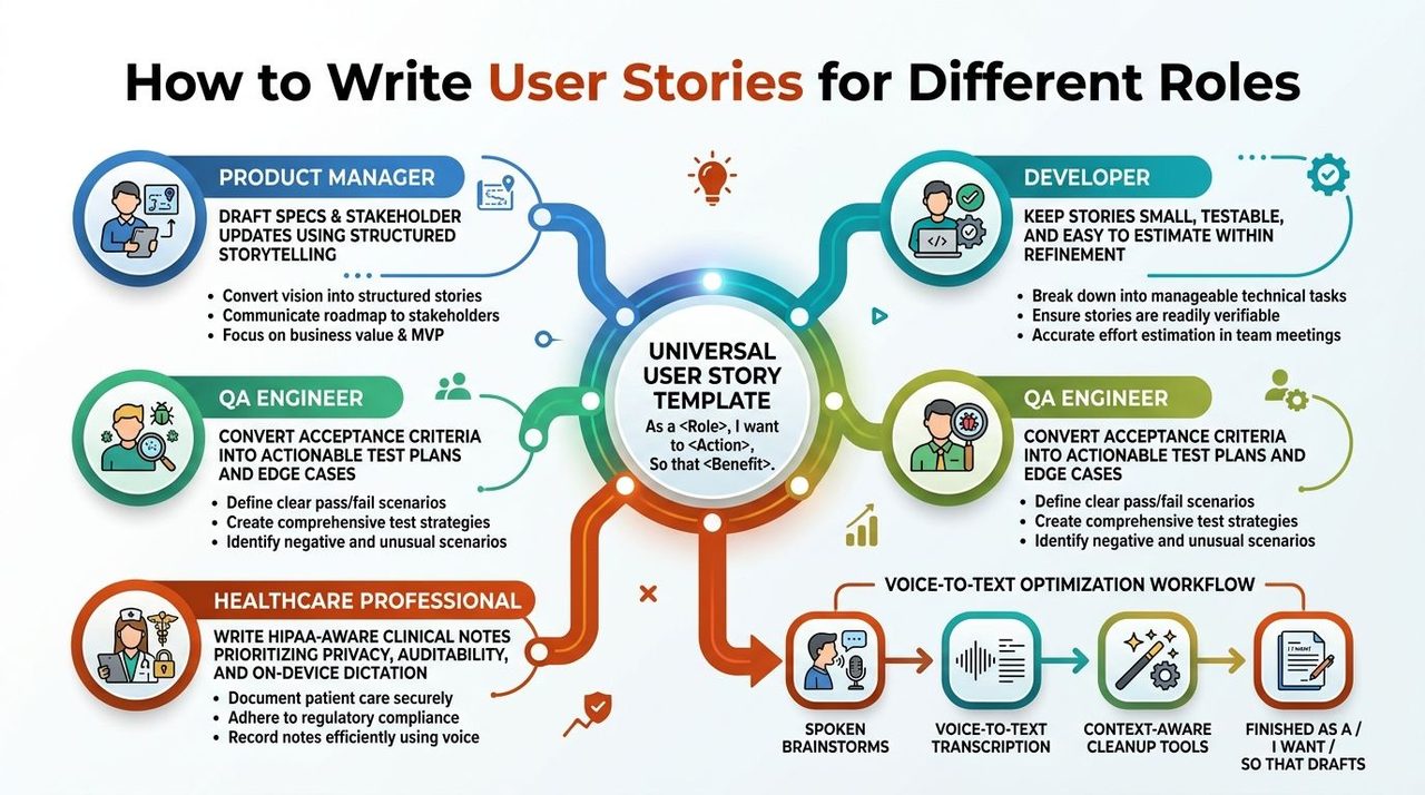 An infographic illustrating how different professional roles collaborate to write and implement effective user stories.