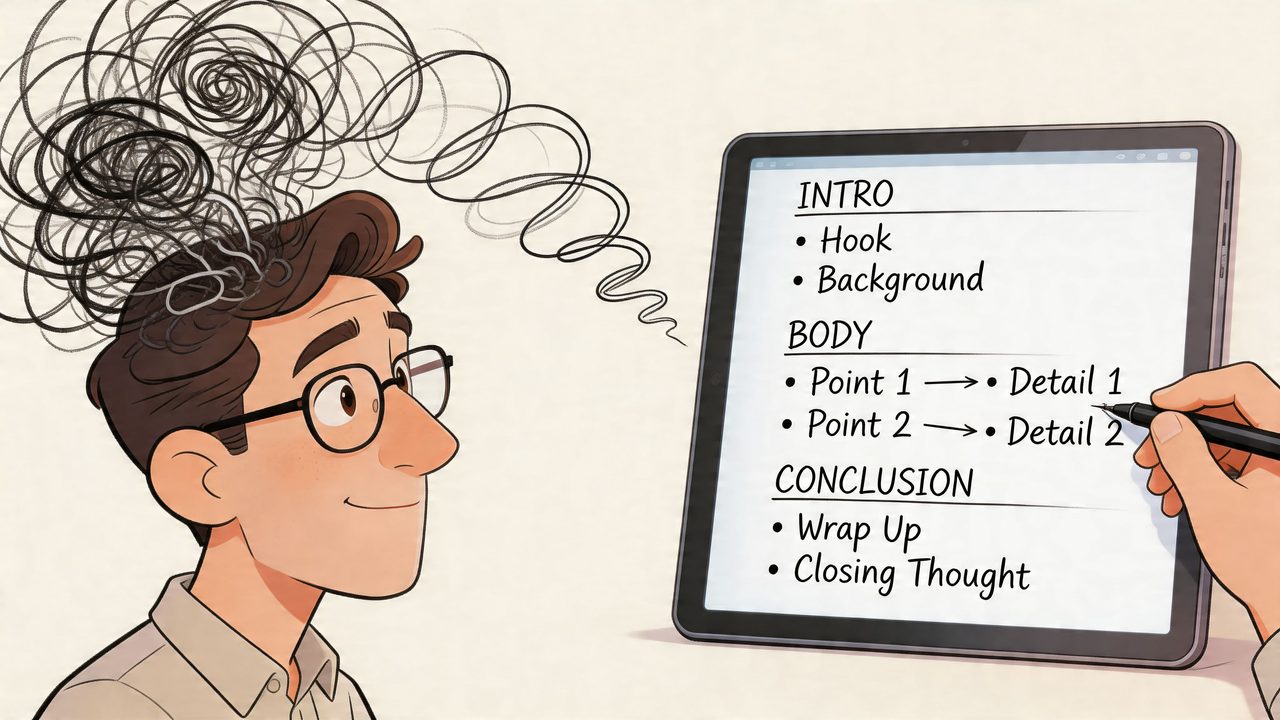 A person organizing chaotic thoughts into a structured essay outline on a digital tablet screen.