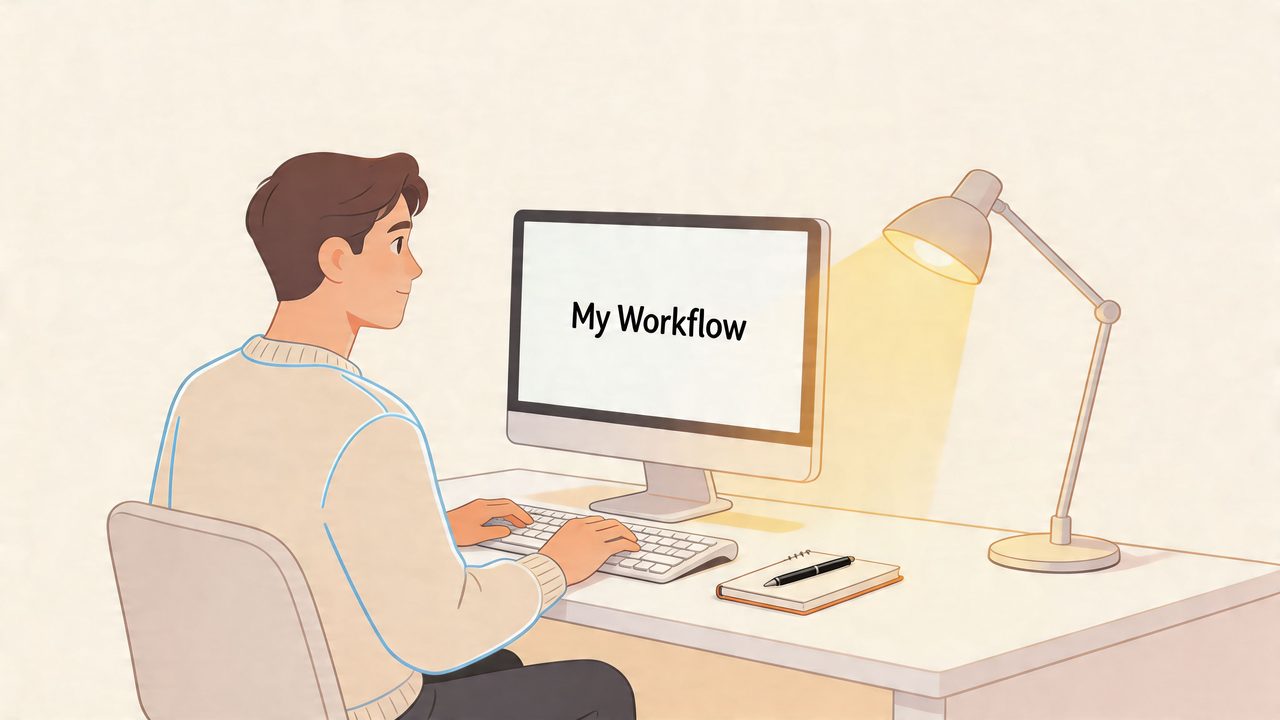 A young man sitting at his desk working on a computer labeled My Workflow in a home office.