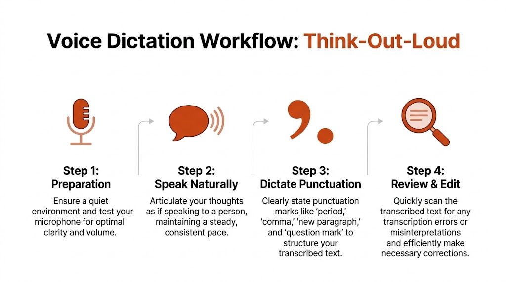 A four-step infographic illustrating a voice dictation workflow for effective think-out-loud writing and transcription processes.