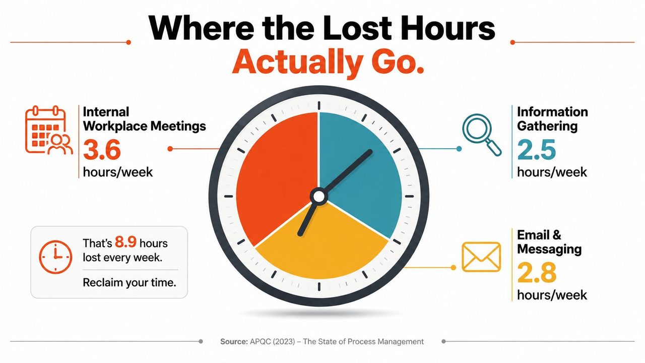 A pie chart infographic showing how employees lose 8.9 hours per week to meetings, emails, and information gathering.