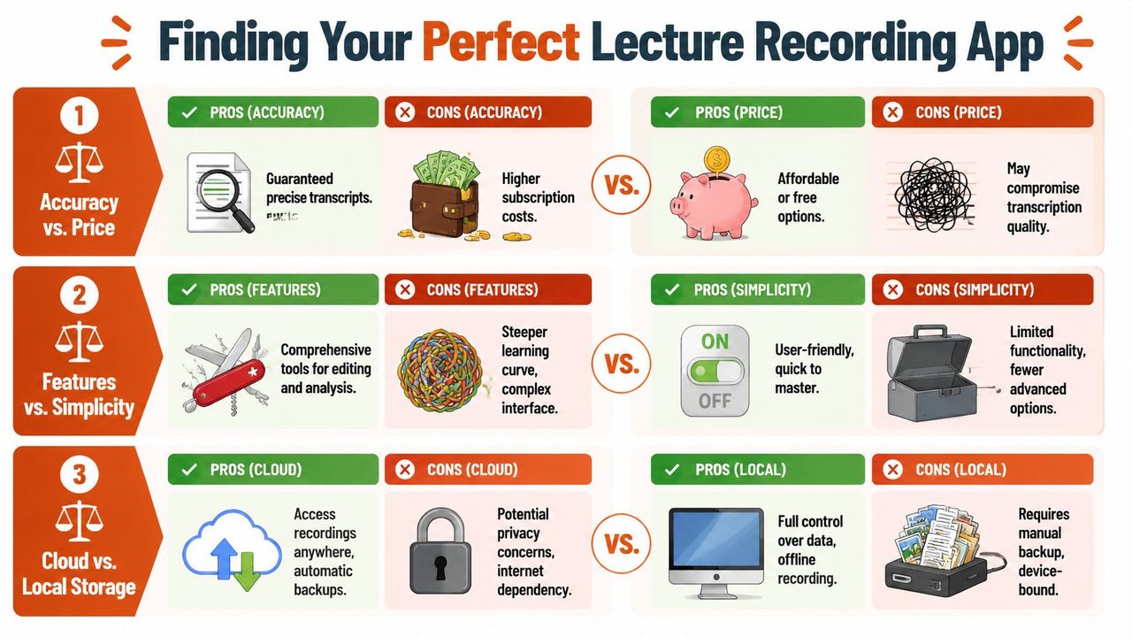 A comparison chart showing pros and cons of choosing between different types of lecture recording apps.