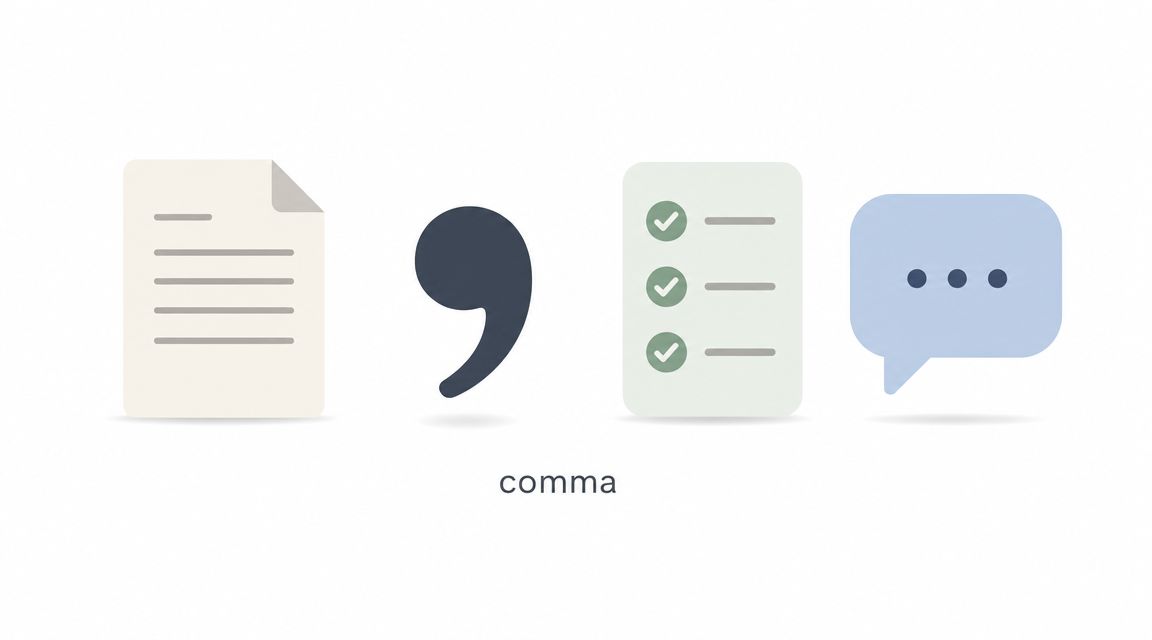 A set of four colorful icons representing a document, a comma punctuation mark, a checklist, and a chat bubble.