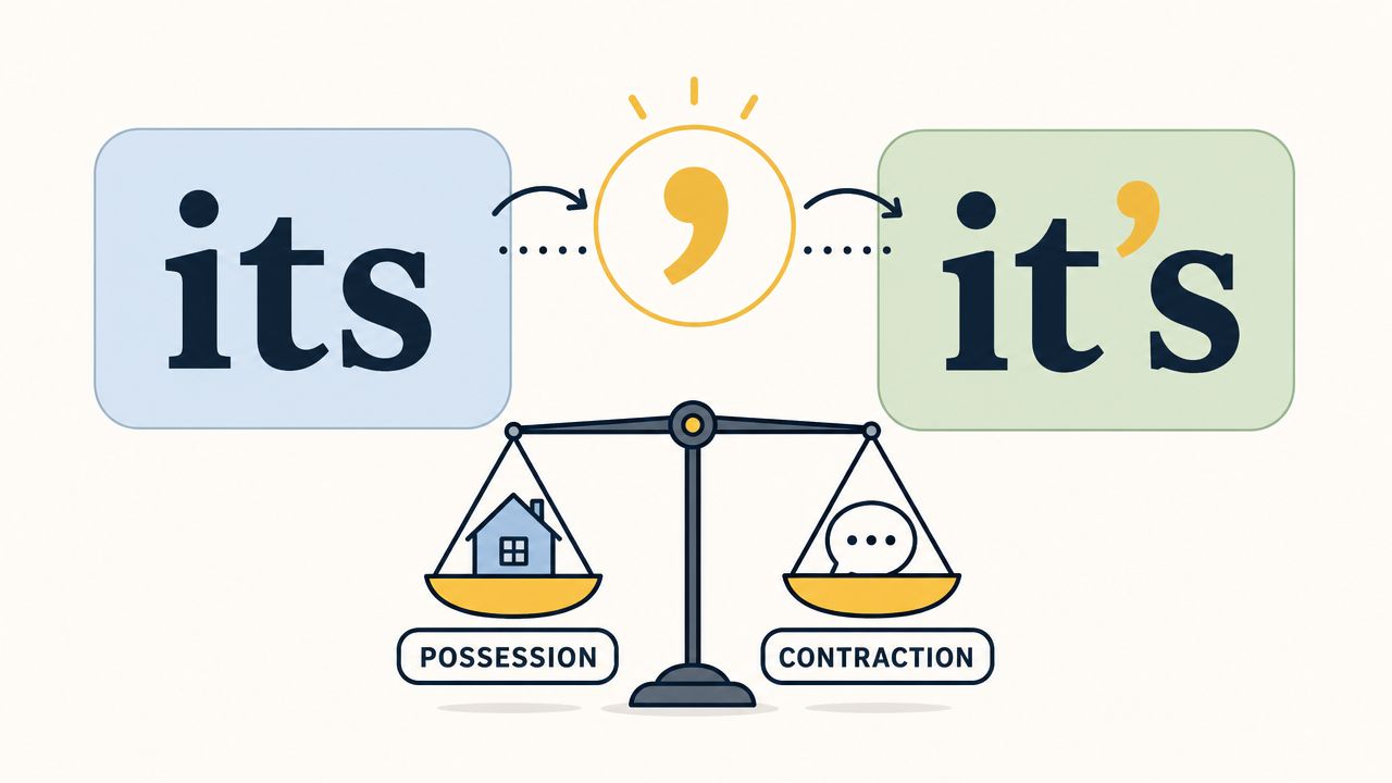 An educational illustration comparing the usage of 'its' for possession and 'it's' as a contraction.