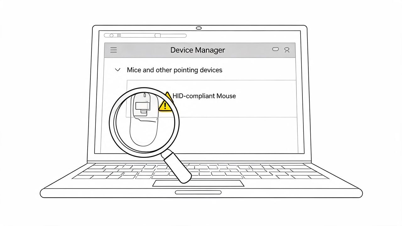 Line art of a laptop screen showing a Device Manager error icon next to HID-compliant mouse.