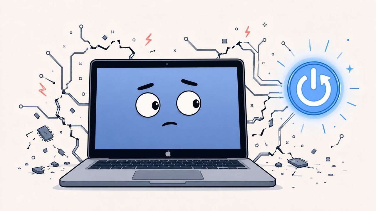 A sad laptop computer screen with a glowing power button and broken electronic circuitry around it.