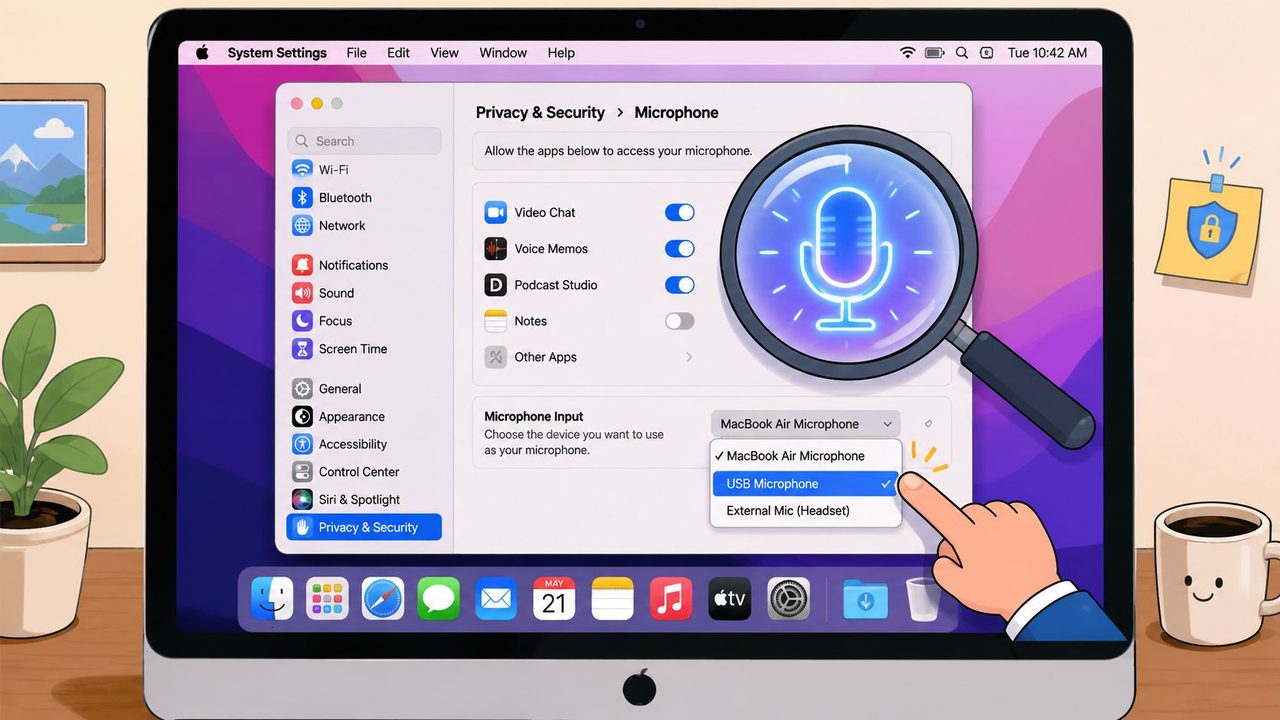 A computer screen showing the macOS Privacy and Security settings window with microphone access options highlighted.