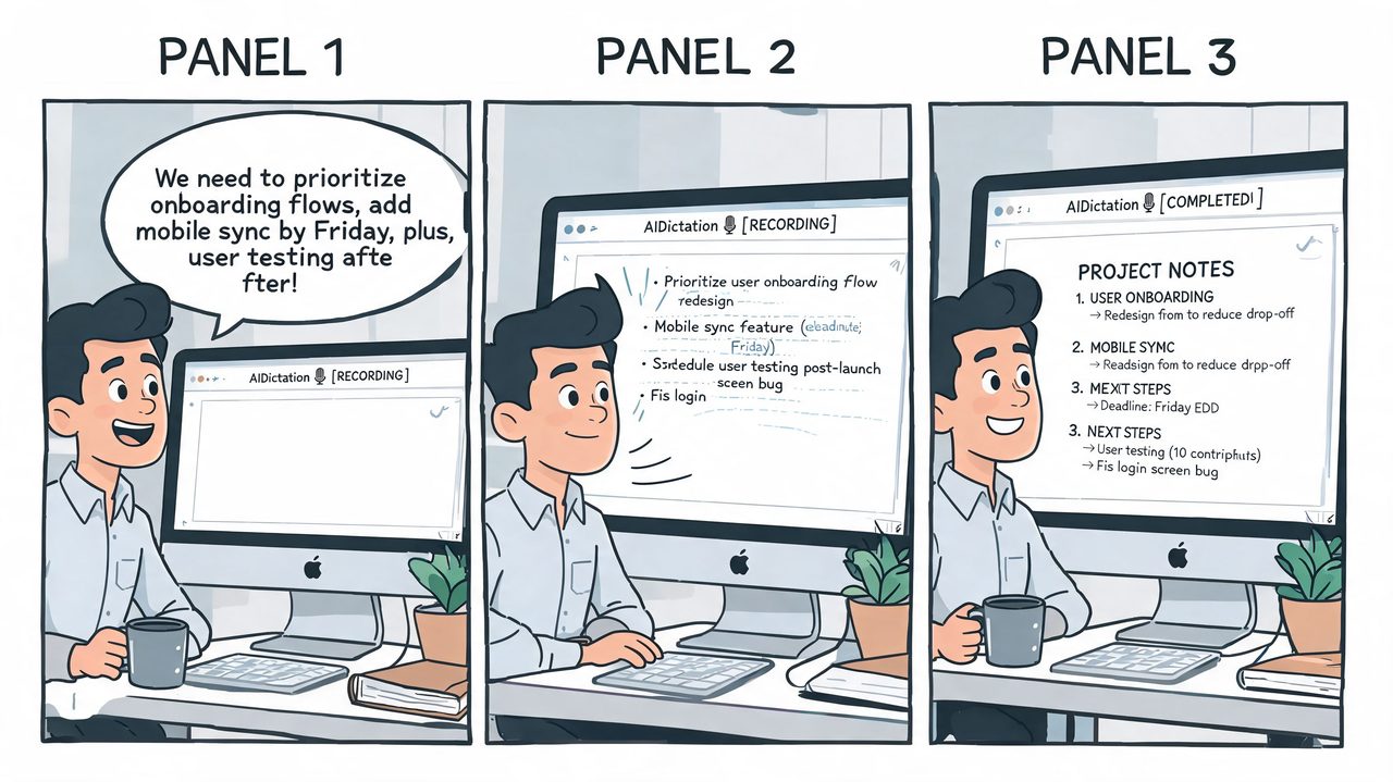 A three-panel comic illustration showing a man using AI speech-to-text software on a desktop computer.