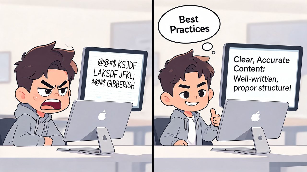 A split image showing a frustrated person looking at gibberish text versus a confident person with clear content.