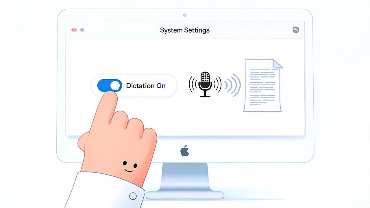 A hand illustration turning on the dictation feature within macOS system settings for voice-to-text conversion.