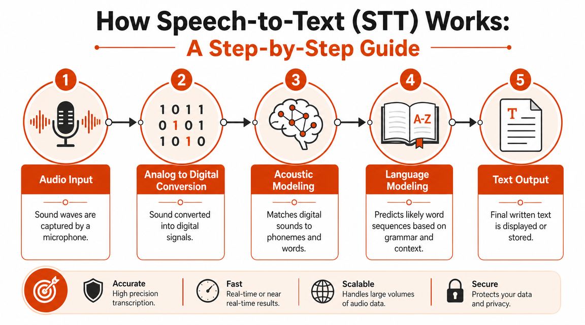 An infographic illustrating the five-step process of how speech-to-text technology converts spoken audio into written text.