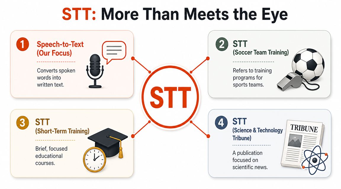 An infographic showing four different definitions and common uses of the abbreviation STT with illustrative icons.