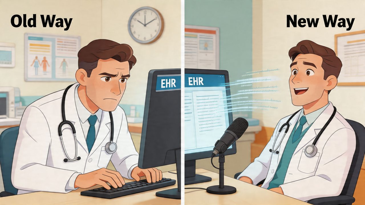 A comparison showing a doctor typing manually versus using medical speech to text software for documentation.
