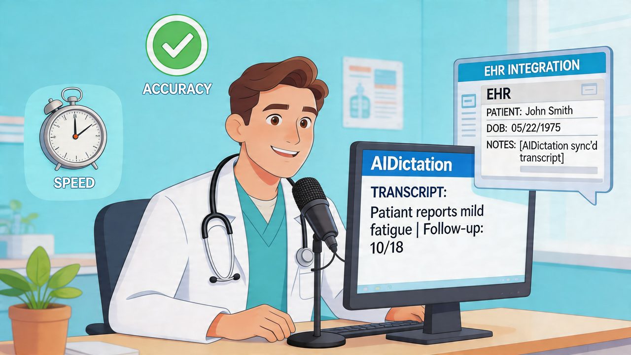 A friendly doctor using medical speech-to-text software to efficiently document patient notes into an electronic health record.