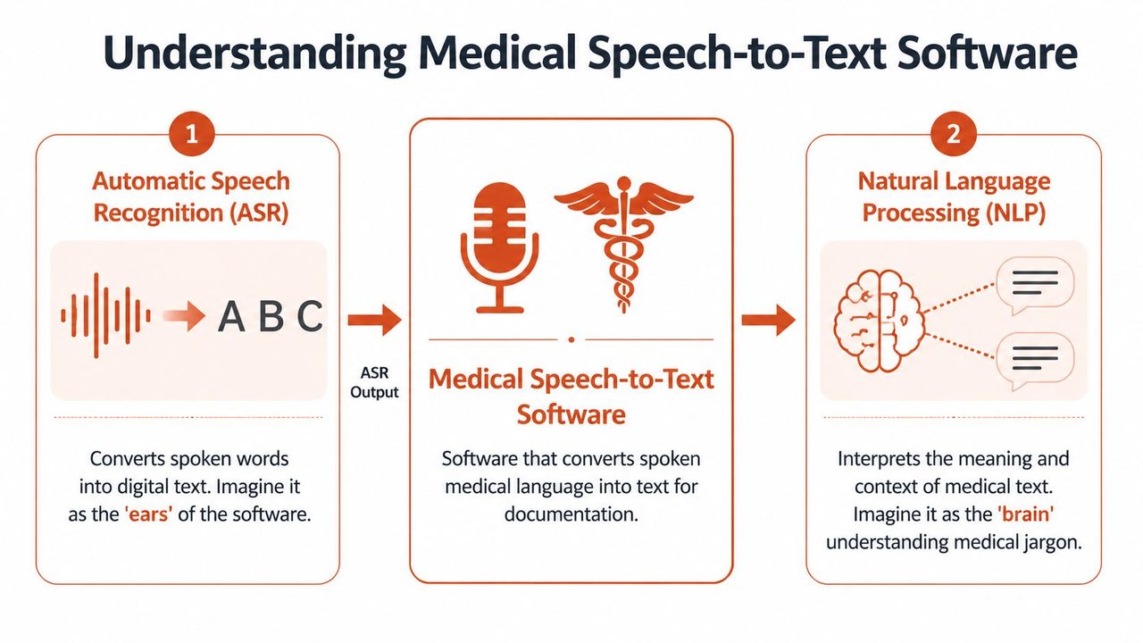 A diagram illustrating how medical speech-to-text software uses Automatic Speech Recognition and Natural Language Processing.