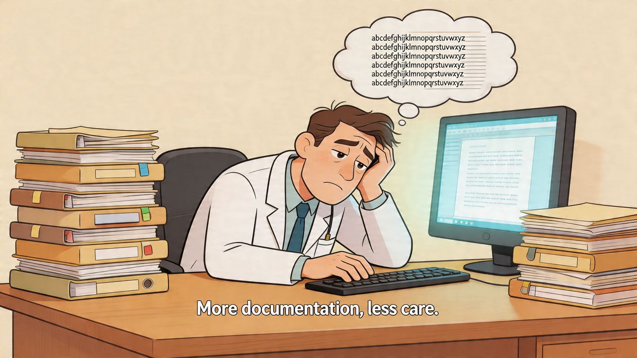 An illustration of a stressed doctor at his desk, overwhelmed by excessive paperwork and digital documentation tasks.