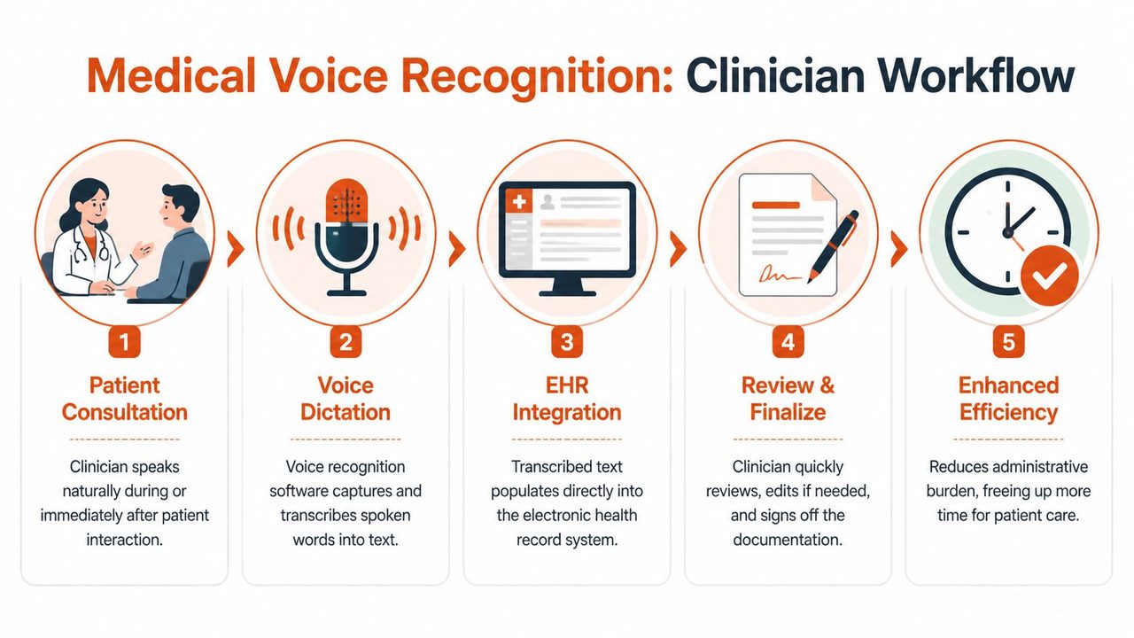 A five-step infographic showing the clinician workflow for medical voice recognition software in a healthcare setting.