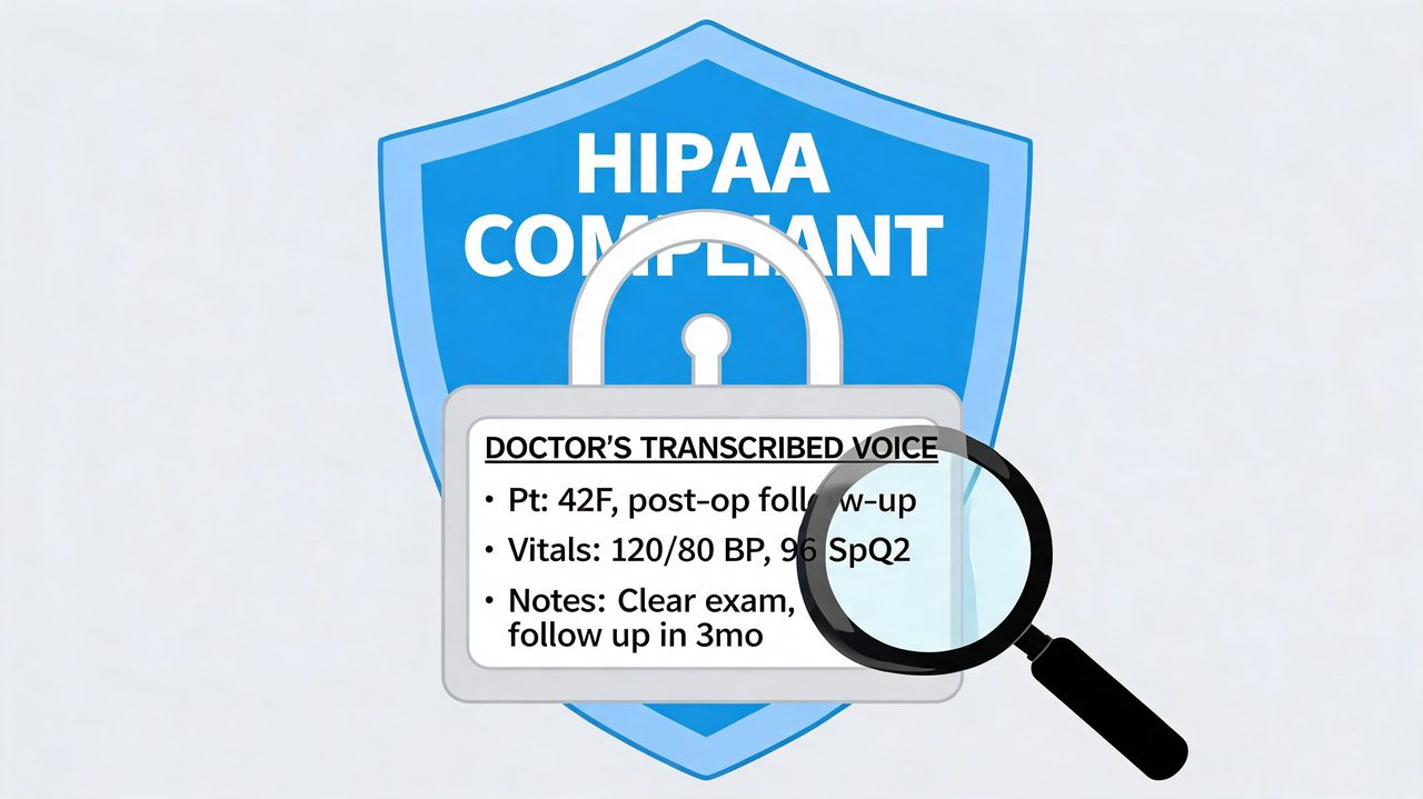 A magnifying glass inspecting HIPAA compliant medical voice recognition software notes on a digital shield background.