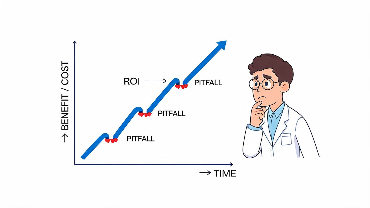 A doctor contemplating a graph showing cyclical ROI and pitfall stages in medical voice recognition software implementation.
