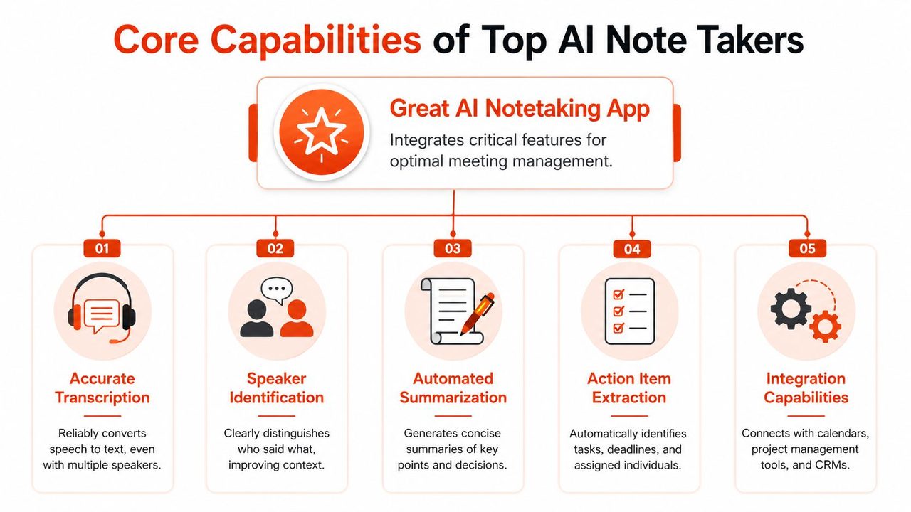 A diagram outlining the five core capabilities of a top-tier AI meeting note-taking application.