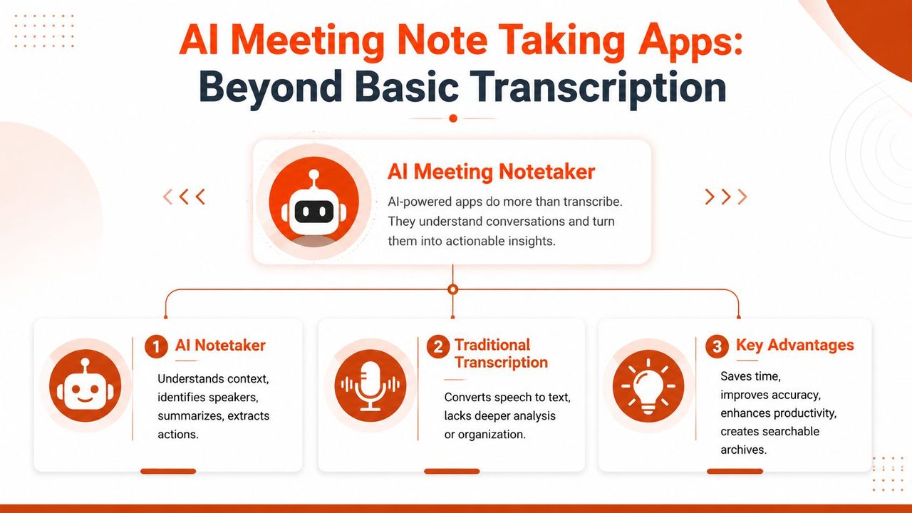 A diagram explaining how AI meeting notetakers differ from traditional transcription by providing actionable insights.
