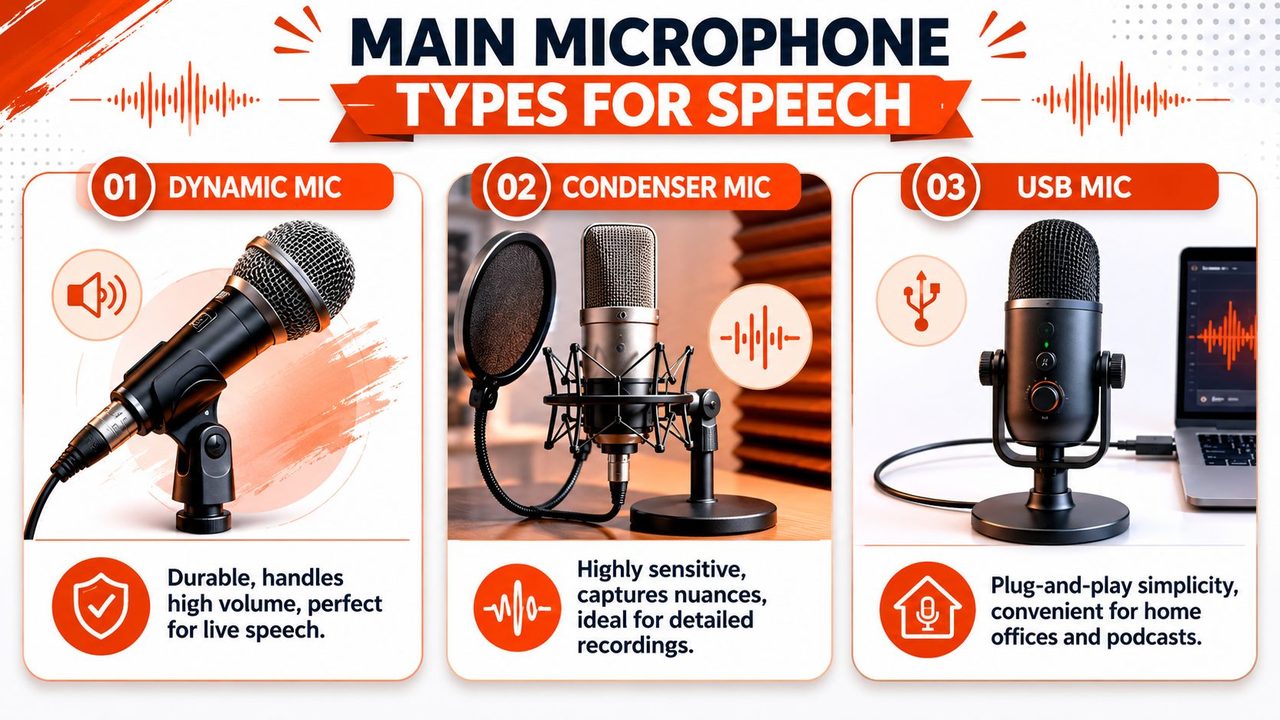 An infographic detailing the three main microphone types for speech: dynamic, condenser, and USB microphones.
