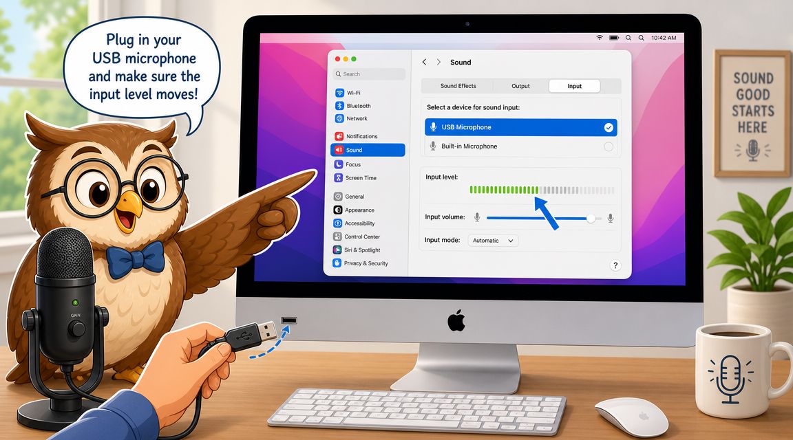 A friendly owl character demonstrating how to plug a USB microphone into an iMac for sound settings.