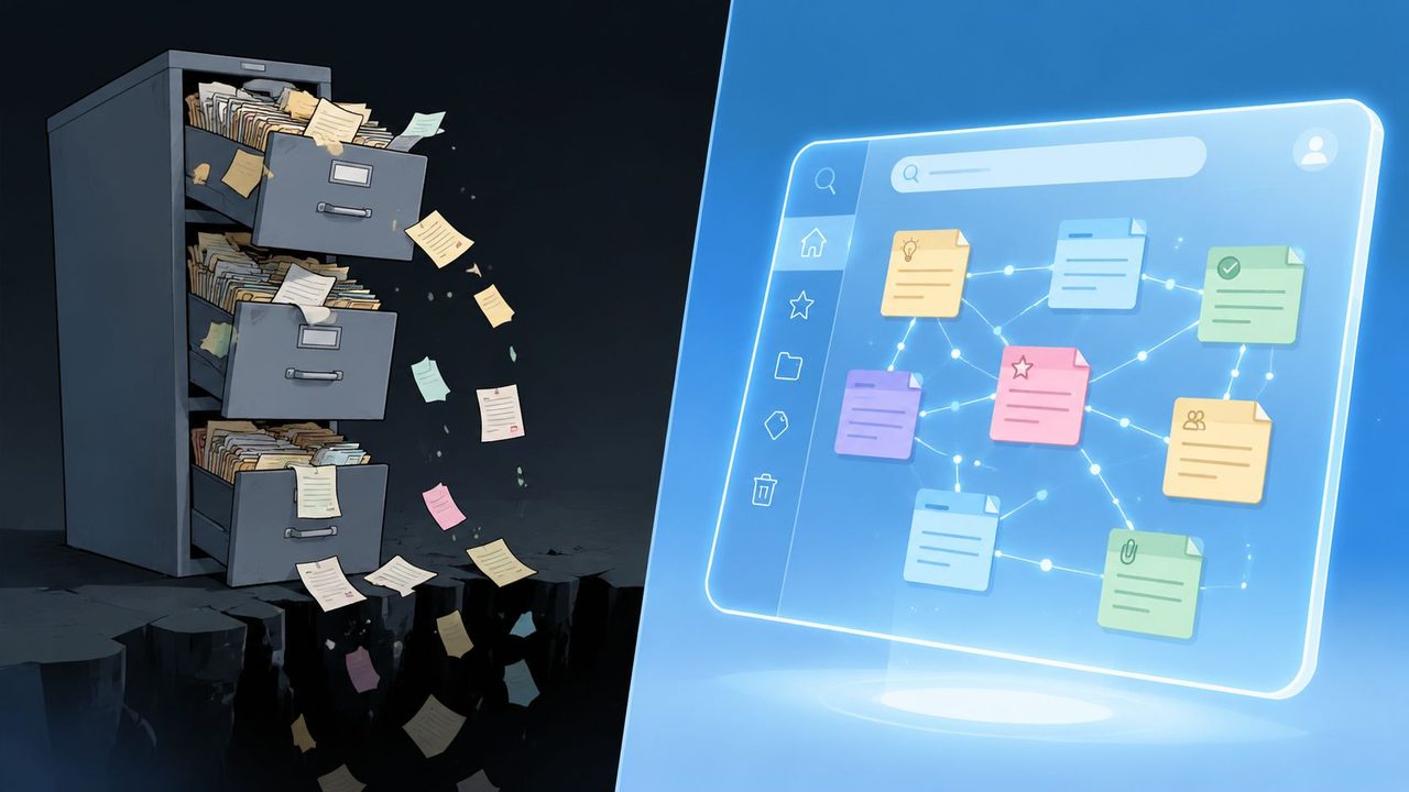 Comparison between a messy, disorganized filing cabinet and a clean, digital note-taking system with connected information.
