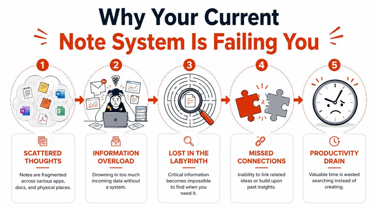 An infographic showing five stages of failure in a typical note-taking system using illustrated icons.
