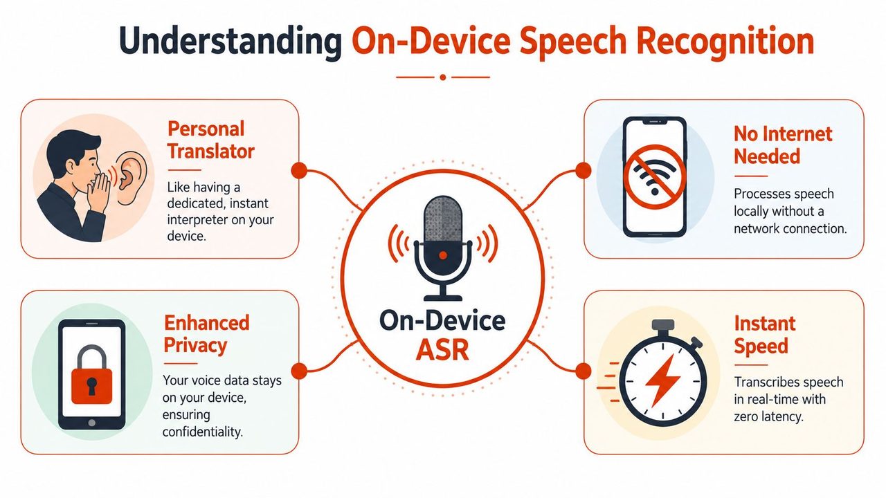 An infographic illustrating the benefits of on-device speech recognition, including privacy, speed, and offline functionality.
