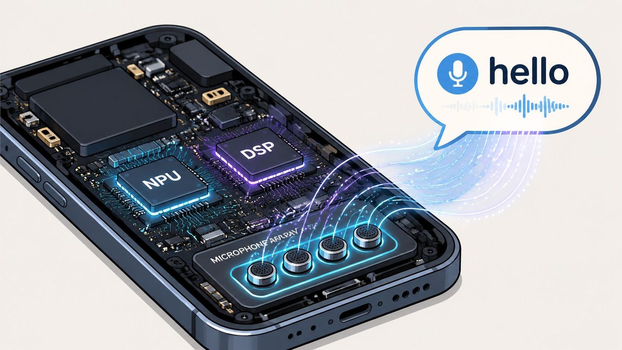 Internal components of a smartphone highlighting a microphone array, DSP, and NPU for on-device voice processing.