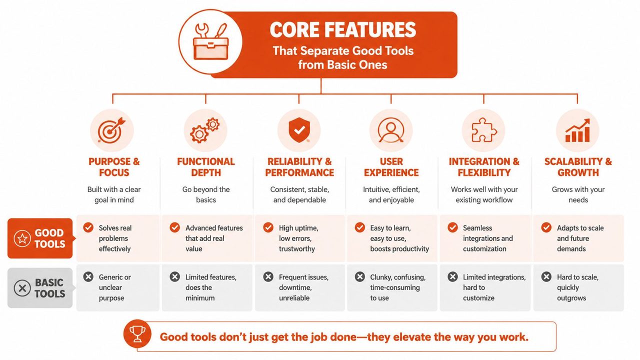 An infographic comparing the core features of good tools versus basic tools across six different categories.