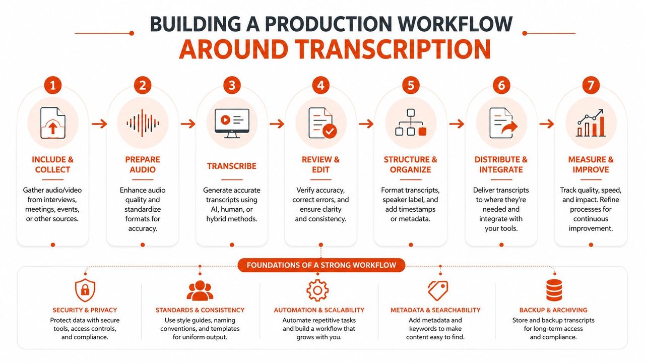 A diagram outlining the seven steps of a professional production workflow for audio and video transcription processes.