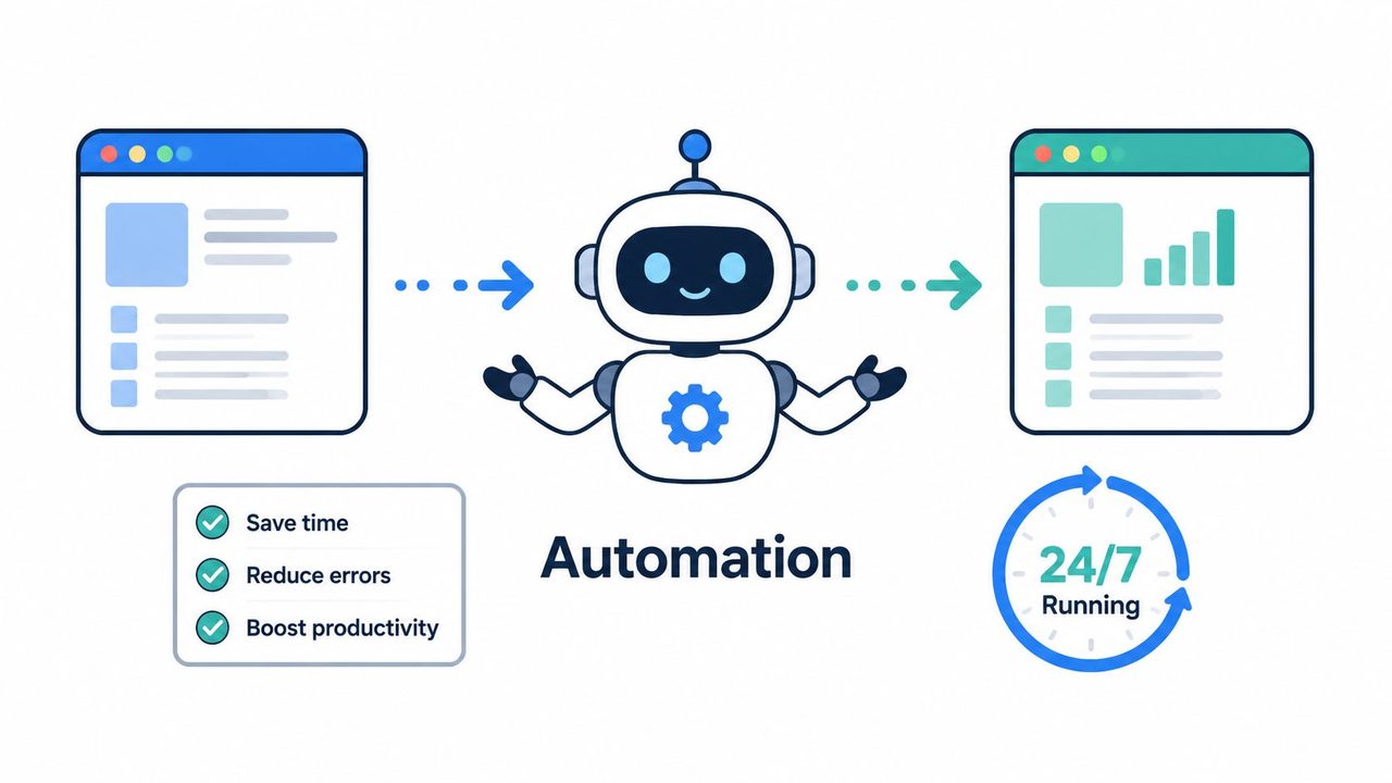 A robot symbolizing automation, showing data flowing between two digital interface windows with productivity benefits and 24/7 uptime.