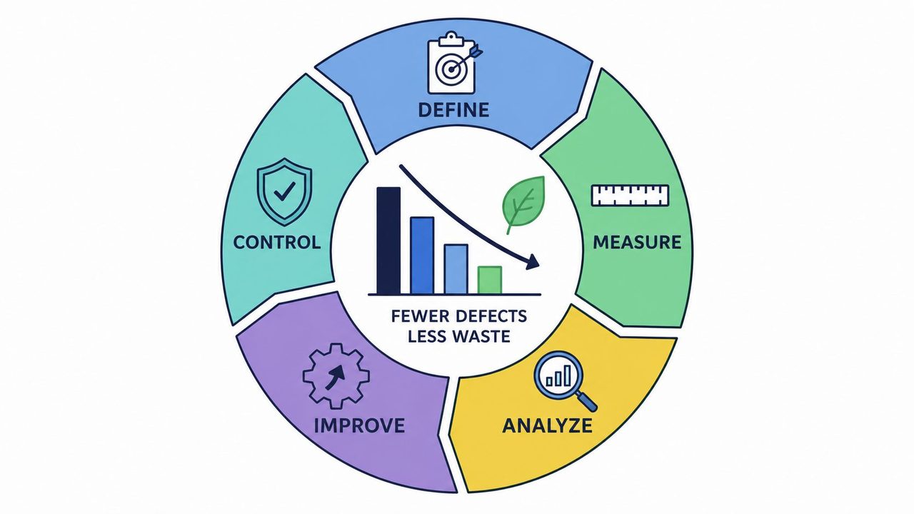 A colorful circular diagram representing the Lean Six Sigma DMAIC process improvement methodology with five distinct phases.