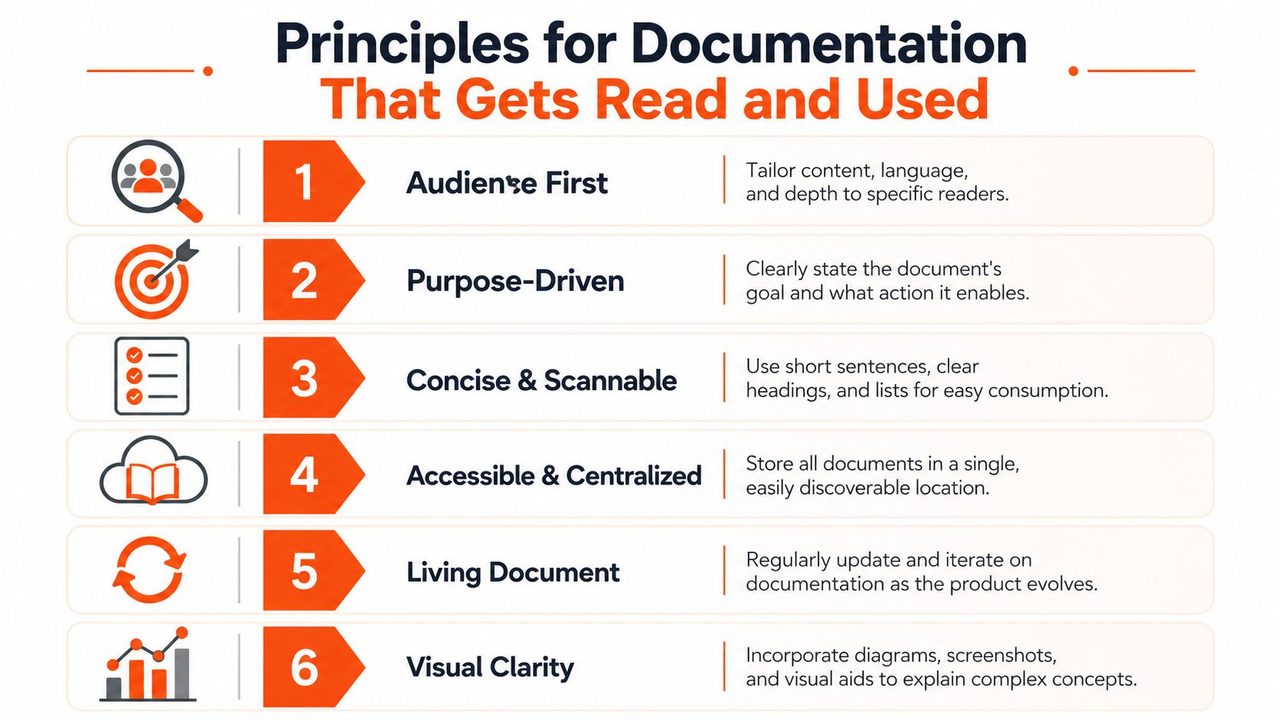 An infographic titled Principles for Documentation outlining six key practices to improve clarity and usability.