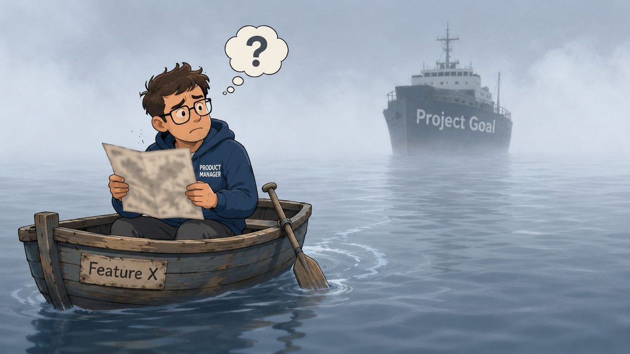 A confused product manager in a small boat labeled Feature X looking toward a distant ship.